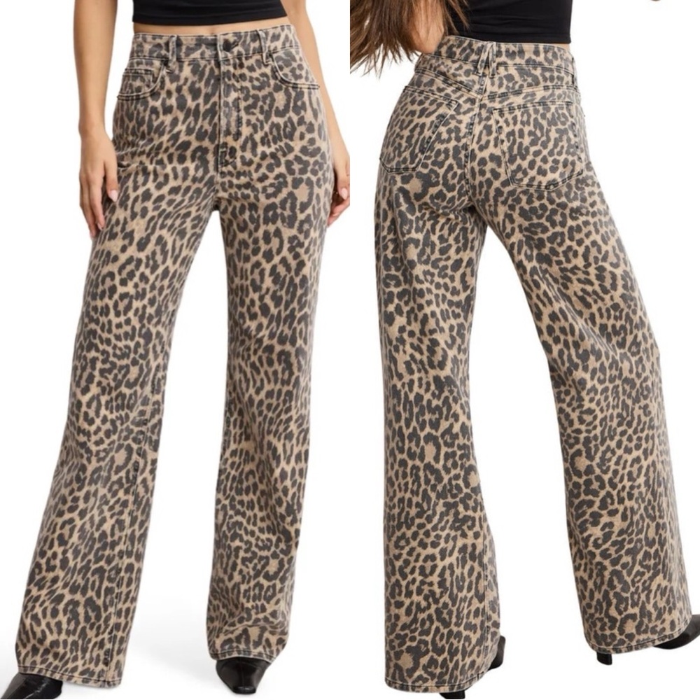 GOOD AMERICAN Good Ease Leopard Cheetah High Rise Wide Leg Jeans - Picture 4 of 10